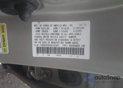 2013 Honda Accord Ex-L from USA, damaged, VIN 1HGCR2F82DA100887